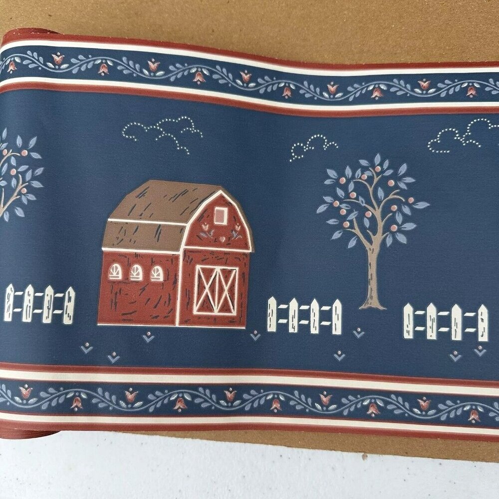 Vintage 90’s Wallpaper Border Country Farm Blue Mauve Prepasted Borden 30 Feet - Picture 3 of 5
